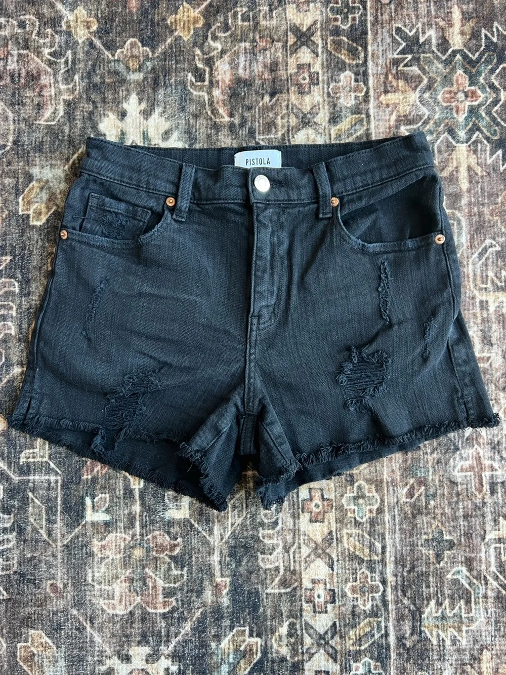 Pistola Denim Shorts Size 26 Black Distressed Mid Rise Cutoff Raw Hem Stretch - Picture 1 of 7